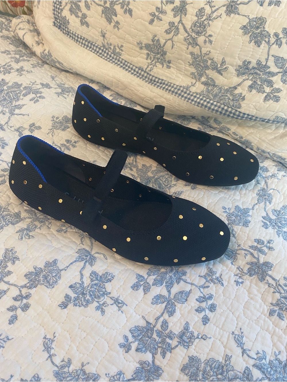 Rothy's The Square Mary Jane Black Gold Studded Flats Size 6